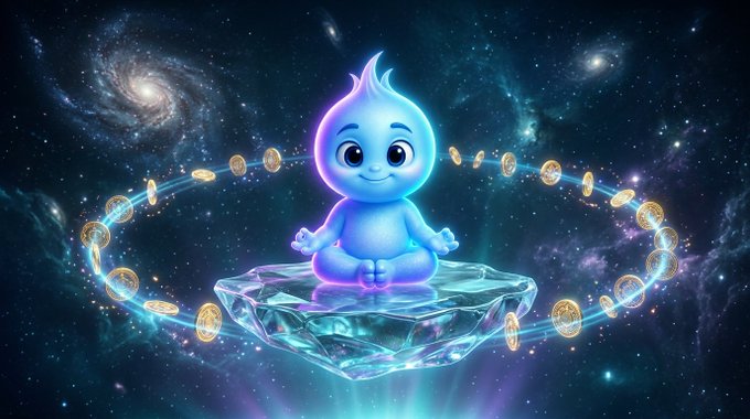 A blue, flame-headed animated character meditates on a glowing crystal platform surrounded by orbiting golden coins in a cosmic setting.