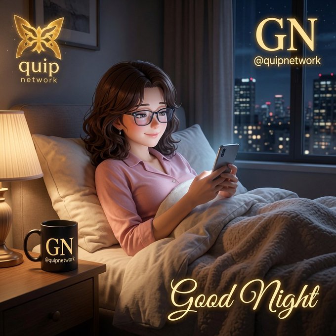 A cozy nighttime scene features an illustrated woman with glasses relaxing in bed, illuminated by a bedside lamp and city skyline visible through the window, with a black mug branded "GN @quipnetwork" on the nightstand. Logos for "quip network" and "GN @quipnetwork" appear alongside the cursive "Good Night" text, tying the image's calm, end-of-day theme to the post's message about Quip Network's quiet but steady progress in building quantum-resistant crypto infrastructure.