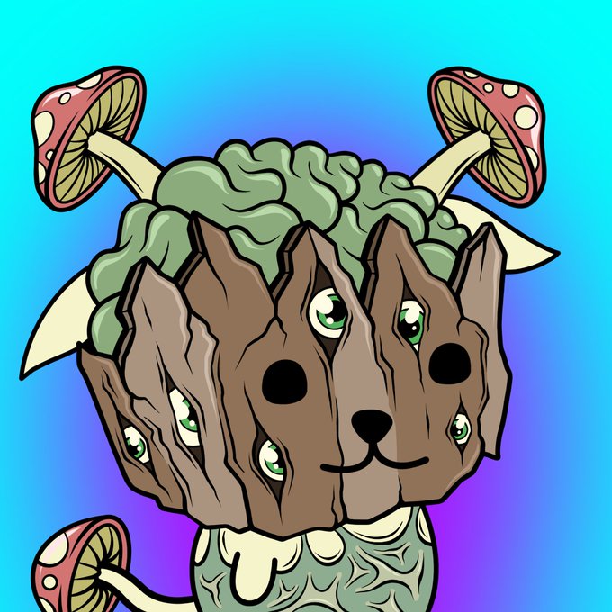 A cartoon illustration of a cute dog-like creature with a wooden stump/mushroom-like body featuring multiple green eyes, surrounded by red and white spotted mushrooms against a blue gradient background.
