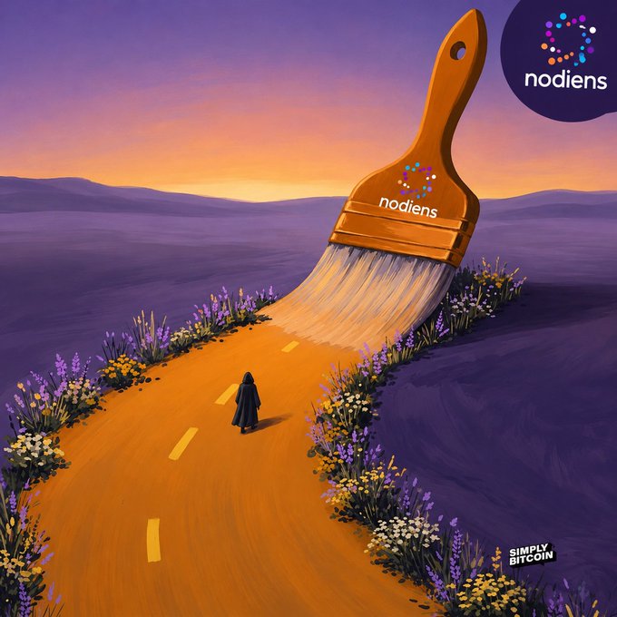 A digital illustration shows a figure walking along an orange road toward a giant paintbrush labeled 'nodiens', with 'nodiens' and 'SIMPLY BITCOIN' logos visible.