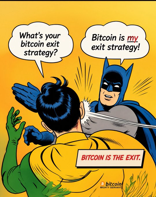 A vintage-style comic book illustration where Batman slaps Robin while discussing Bitcoin exit strategies, with the caption "BITCOIN IS THE EXIT."