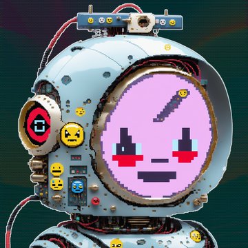 Pixel art illustration of an astronaut or robot wearing a space helmet with a cute, blushing smiling face on the visor, surrounded by wires and technical equipment on a dark background.