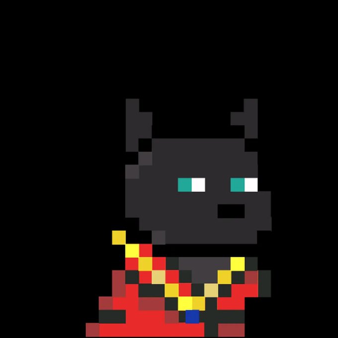 Pixel art character with a dark gray horned head, cyan and white eyes, wearing a red outfit with a yellow and black chain necklace, set against a black background.