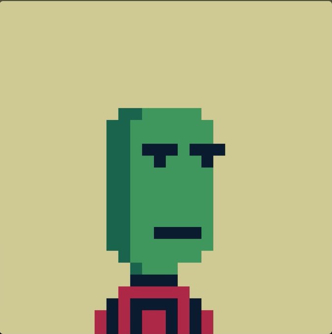 A simple pixel-art style illustration of a green-skinned figure with droopy eyes wearing a red collared shirt against a beige background.