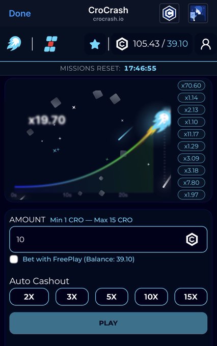A screenshot of a mobile game called 'CroCrash' (crocrash.io) showing a multiplier graph at x19.70, a balance of 39.10, bet amount options, and an auto cashout button.