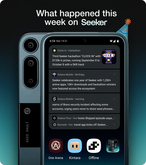 A promotional graphic titled 'What happened this week on Seeker' displaying a smartphone screen showing news updates including 'Clock in Hackathon', 'Solana Mobile Birthday', and a 'SEED VAULT' device.