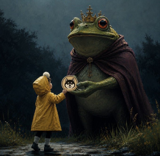 A whimsical, dark fantasy-style illustration of a small child in a yellow raincoat handing a Doge cryptocurrency coin to a giant frog wearing a golden crown and a purple cape.