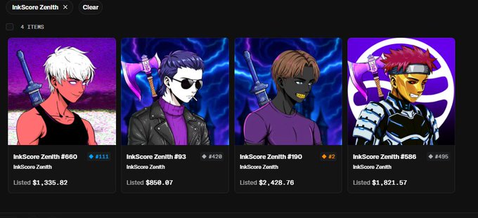 A digital marketplace interface displaying four 'InkScore Zenith' NFT character cards (#860, #93, #190, #586) with various listed prices.