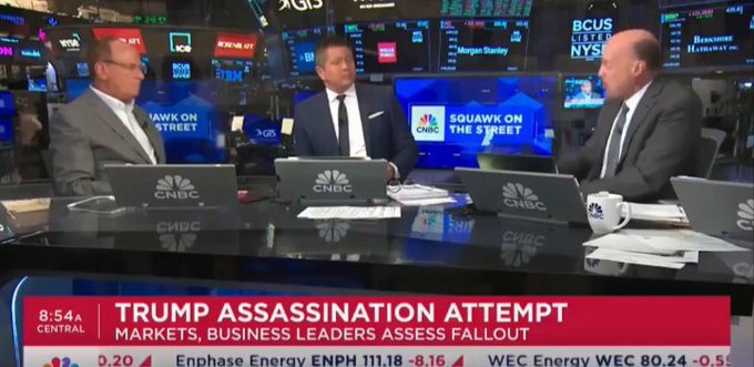 This image is unrelated to the accompanying post about Bitcoin and Larry Fink; it instead shows three CNBC "Squawk on the Street" anchors at 8:54 AM discussing the "Trump Assassination Attempt" with tickers visible for Enphase Energy (ENPH 111.18) and WEC Energy (WEC 80.24) scrolling below.
