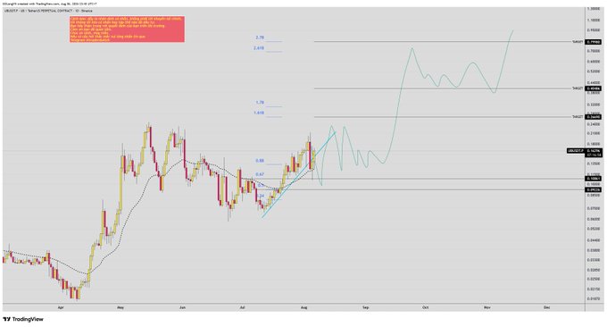 A daily candlestick chart of the USD/VND currency pair on Binance, dated August 6, 2026 at 23:42 Vietnam time, displaying price action from April through November with an overlaid forecast projection (green line) trending sharply upward toward 1.00, alongside annotated Fibonacci retracement levels at 0.47, 0.88, 1.00, 1.23, 1.38, 1.62, 2.00, and 2.38.