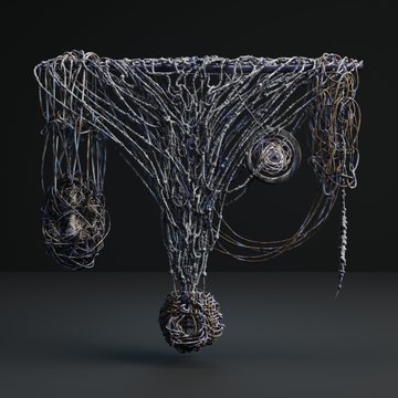An intricate, wire-like or string-art sculpture with organic, flowing forms and several bulbous, textured spherical elements suspended against a dark background.