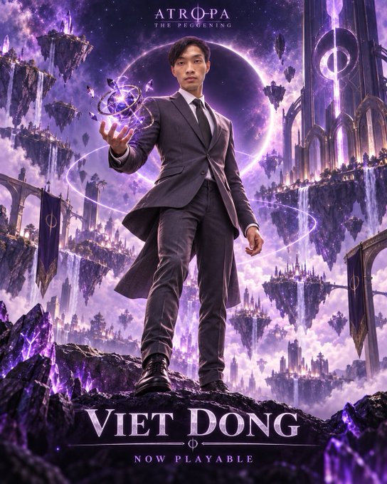 A fantasy-style character poster featuring a man in a suit holding a glowing purple orb, with text reading 'ATROPA THE BEGINNING' at the top, 'VIET DONG' in large letters at the bottom, and 'NOW PLAYABLE' below.