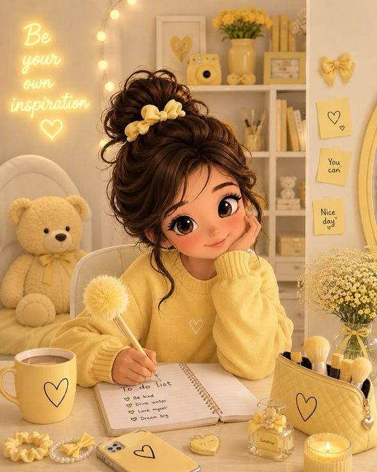A girl in a cozy yellow sweater sits at a desk writing a to-do list, surrounded by teddy bears, flowers, and a glowing "Be your own inspiration" neon sign that captures the tranquil, self-affirming spirit of a peaceful afternoon.
