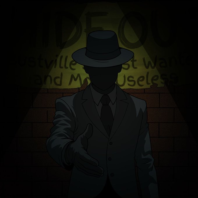 A dark, noir-style illustration shows a faceless figure in a suit and fedora extending a handshake in the foreground, with the graffiti-style words 'VIDEO Useless and [something] Want' visible on a wall behind him.