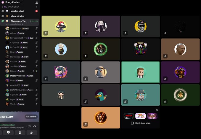 A screenshot of the Discord application showing the 'Booty Pirates' server voice channels, with various user avatars and profile pictures displayed in the interface.