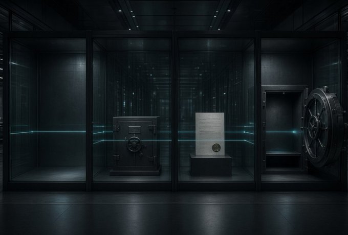 A dark, moody 3D rendering of a high-security vault room featuring glass-enclosed chambers, a central pedestal with a framed certificate, a metal safe, and a large circular bank vault door on the right.