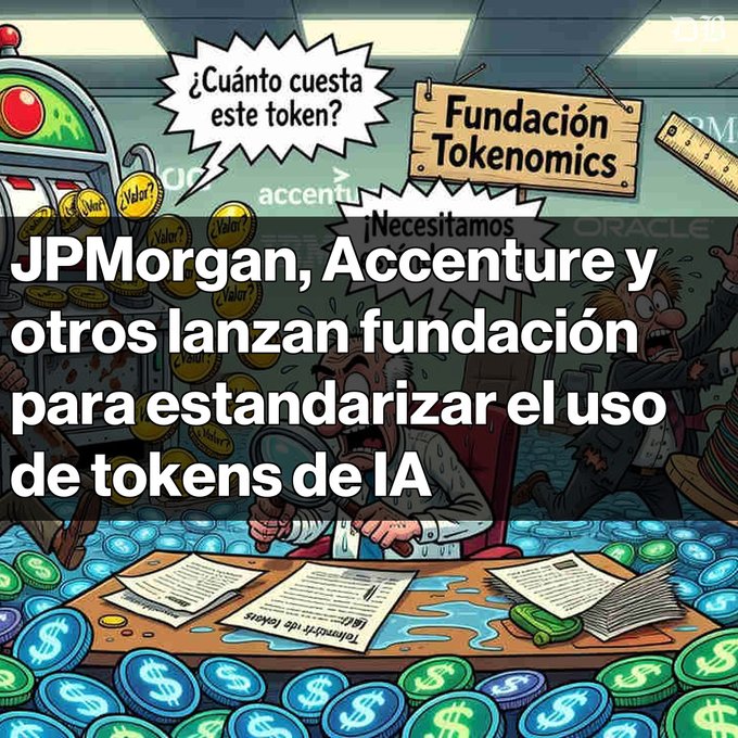 The image is a cartoon illustration featuring confused businessmen surrounded by coins and documents, with Spanish speech bubbles asking "¿Cuánto cuesta este token?" (How much does this token cost?) and "¡Necesitamos un estándar!" (We need a standard!), alongside a sign reading "Fundación Tokenomics" and faded logos of Accenture, IBM, and Oracle. The overlaid text announces "JPMorgan, Accenture y otros lanzan fundación para estandarizar el uso de tokens de IA" (JPMorgan, Accenture and others launch foundation to standardize the use of AI tokens), visually reinforcing the post's message about the newly formed Tokenomics Foundation aimed at creating cost standards for AI tokens to help finance leaders connect AI spending with real business value.