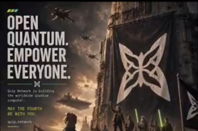 The image features an advertisement for Quip Network, showcasing a large banner with a butterfly design. The text on the banner reads "Open Quantum. Quantum. Empower. Everyone." Below this, there are descriptions of Quip Network's services, including that they build the worldwide network infrastructure and provide a reliable security protocol. The post also mentions that Quip Network has been making updates to their product, indicating ongoing improvements in their technology.