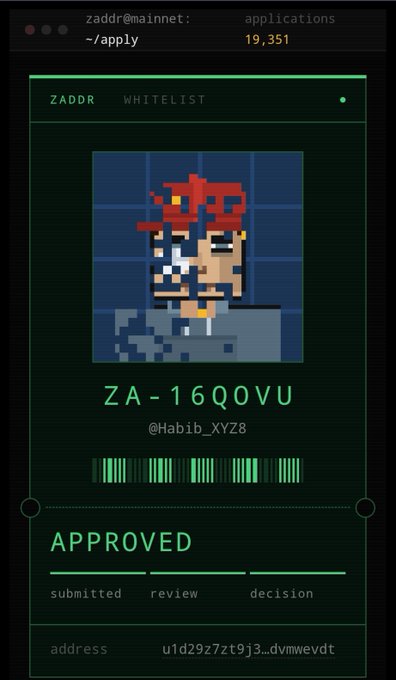 A digital whitelist approval card for 'zaddr@mainnet: ~/apply' showing user ZA-16Q0VU (@Habib_XYZ8) with status 'APPROVED', applications count 19,351, and address u1d29z7zt9j3.dvmwevdt.