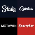 A graphic displaying four logos on colored blocks: 'Stake', 'Rainbet', 'METAWIN', and 'SportyBet'.