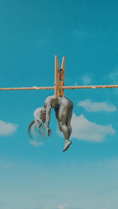 A surreal artwork depicting a metallic figure with wooden clothespins for a head hanging upside down from a clothesline against a blue sky with clouds.