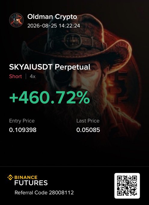 A crypto trade screenshot from "Oldman Crypto" showing a profitable short position on SKYAIUSDT Perpetual (4x leverage) with a +460.72% gain, entering at 0.109398 and currently at 0.05085, visually supporting the post's claim about a successful short from ~0.115 down toward the 0.05 zone as part of the alleged DWF Labs pump-and-dump pattern.