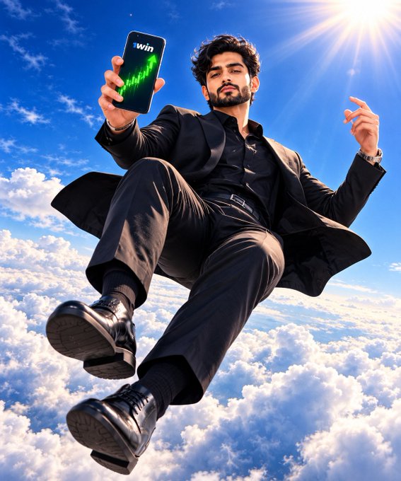 A stylized image of a man in a black suit floating in the sky, holding up a smartphone displaying the word "swin" with a green upward chart.