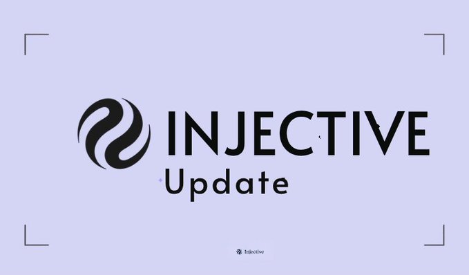 The image features the Injective logo alongside the text "Update," presented on a light purple background with decorative corner brackets, visually introducing the Injective 2026 Q3 statistics update covering RWA perps volume, staking milestones, token burns, transaction counts, and cumulative volume highlights.