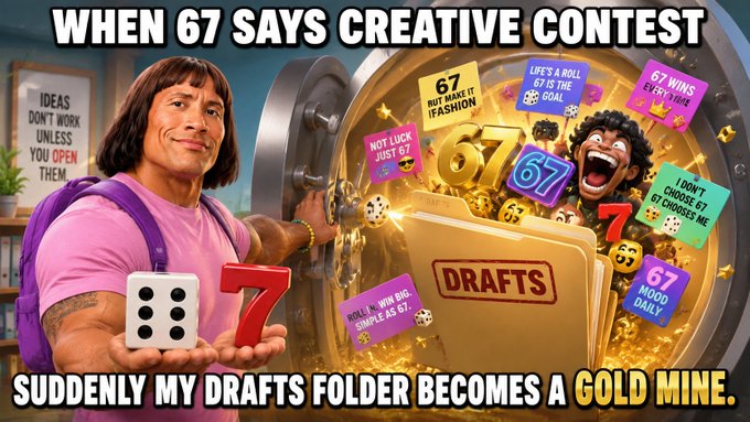 A meme featuring The Rock with text 'WHEN 67 SAYS CREATIVE CONTEST' at the top and 'SUDDENLY MY DRAFTS FOLDER BECOMES A GOLD MINE' at the bottom, showing a vault of dice and drafts.