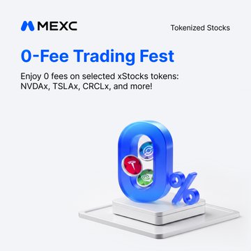 A promotional graphic for MEXC exchange advertising a "0-Fee Trading Fest" for Tokenized Stocks. It features a 3D blue "0%" symbol on a pedestal with small stock token icons, listing selected tokens as NVDax, TSLAx, and CRCLx.
