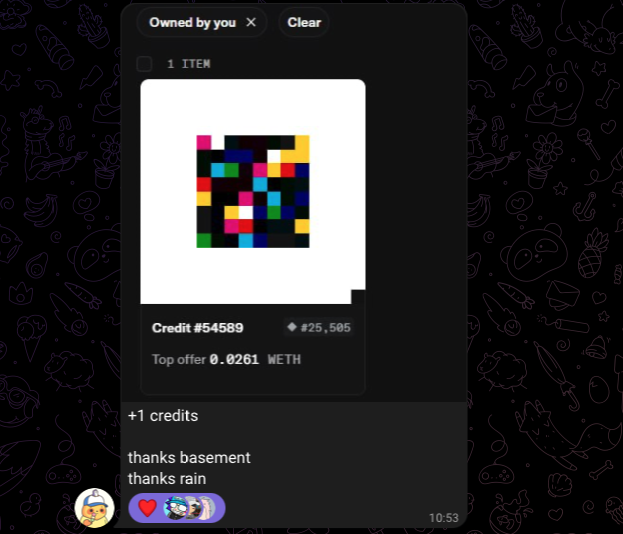 A screenshot of an NFT listing for 'Credit #54589' showing a pixelated colorful artwork, with a top offer of 0.0261 WETH and a message reading 'thanks basement thanks rain' with heart emojis.