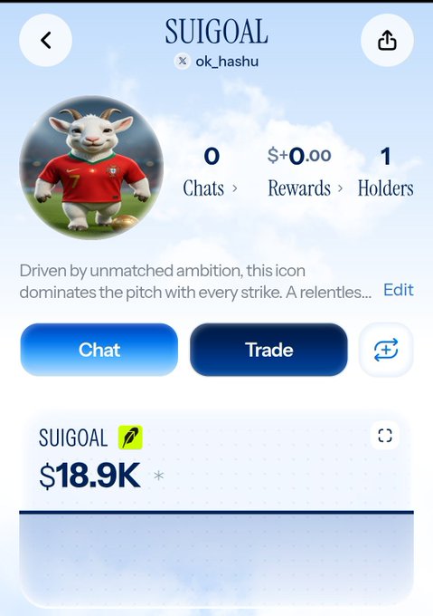 A memecoin profile page for SUIGOAL by ok_hashu showing 0 chats, $0.00 rewards, 1 holder, and a market cap of $18.9K.