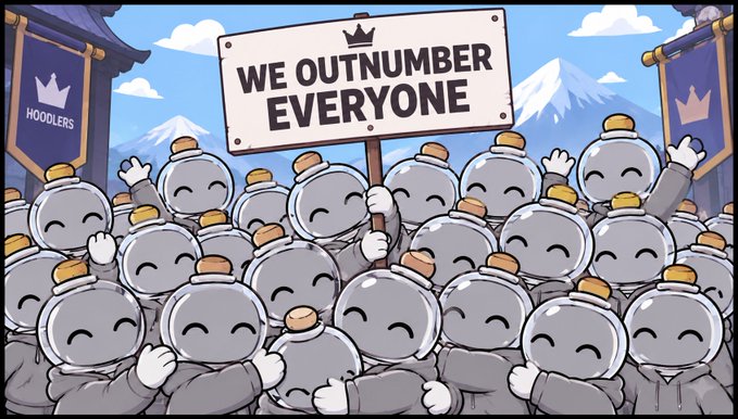 A crowd of cheerful cartoon characters wearing gray beanies gather around a sign reading "WE OUTNUMBER EVERYONE," flanked by banners labeled "HOODLERS." The image visually reinforces the post's "common gang, we are legion" message by depicting an overwhelming, unified crowd of Hoodlers—a community rallying together around the Hoodler NFT project and associated Robinhood airdrop hype.