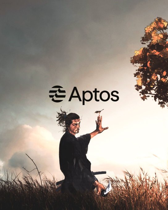 The image features a man dressed in a karate uniform standing in front of a tree with his arms raised high above his head. The background includes a cloudy sky and grassy area, creating an atmosphere that suggests a sense of peace or tranquility. The caption for this image reads "Focused, building, and shipping at @AptosLabs" which implies the man's karate skills might be related to the company's activities.