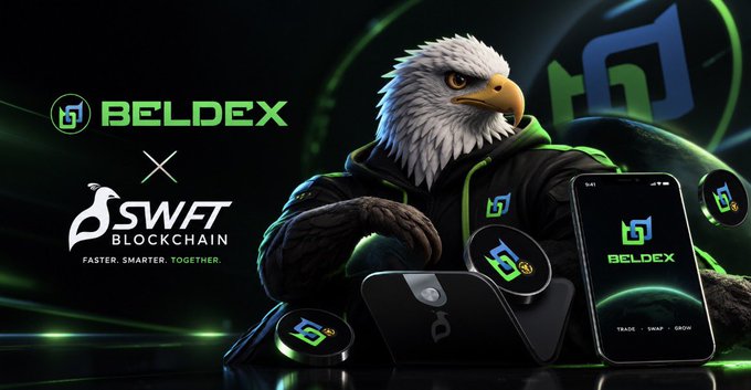 A promotional graphic for BELDEX x SWAT BLOCKCHAIN features an anthropomorphic eagle character in a hoodie surrounded by smartphones displaying the Beldex app interface.