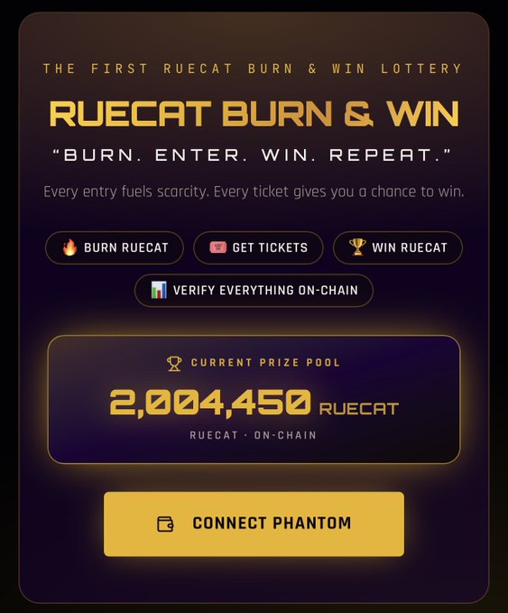 RUECAT Burn & Win lottery promotional page showing a current prize pool of 2,004,450 RUECAT with options to burn, get tickets, and connect Phantom wallet.