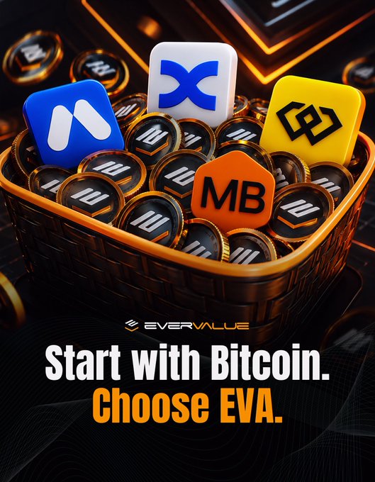A promotional image for EverValue with the text 'Start with Bitcoin. Choose EVA,' showing a basket filled with EverValue coins alongside icons for other cryptocurrencies like XRP and BNB.