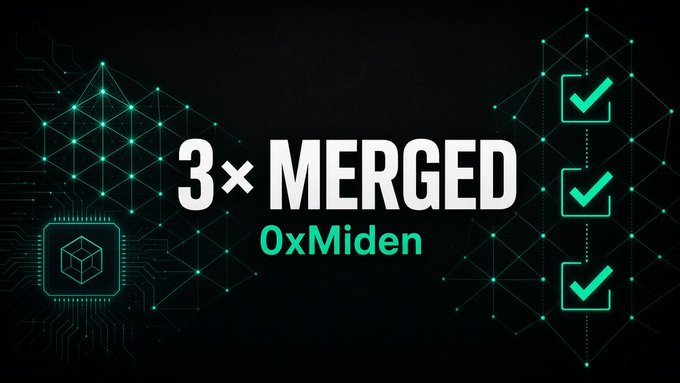 A dark graphic with green digital network lines displaying the text '3× MERGED' and '0xMiden' alongside three checkmark icons.