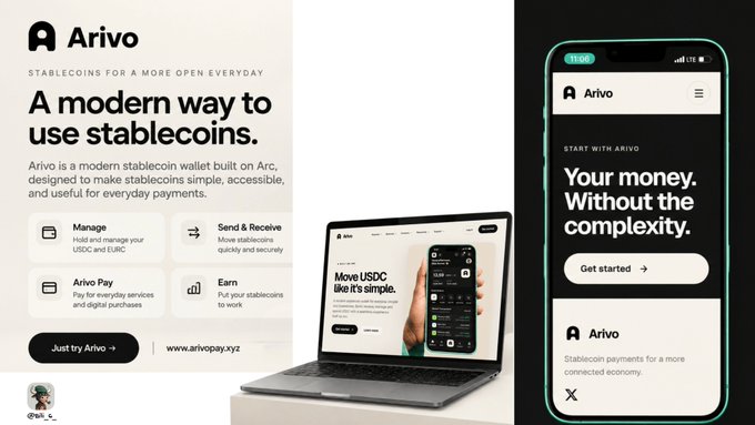 Marketing materials for 'Arivo', a stablecoin wallet built on Arc, featuring the tagline 'A modern way to use stablecoins' and highlighting functions like 'Manage', 'Send & Receive', 'Arivo Pay', and 'Earn'.
