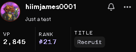 A dark profile card for 'hiimjames0001' showing 'Just a test' as a description, with VP 2,845, Rank #217, and Title Recruit.