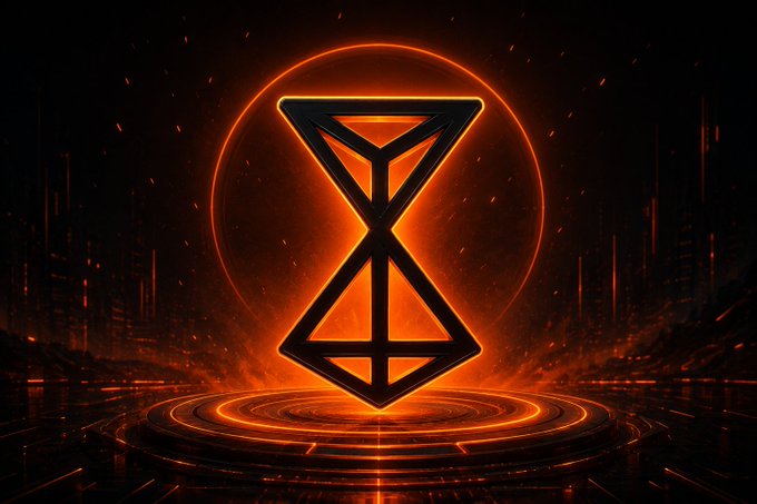 The image features a glowing orange and black geometric symbol resembling an hourglass or stylized "X" set within a fiery circular halo, standing on a futuristic platform — a dramatic emblem that visually represents the bold, energetic milestone announcement of RetiumChain's official launch on CoinMarketCap Community.