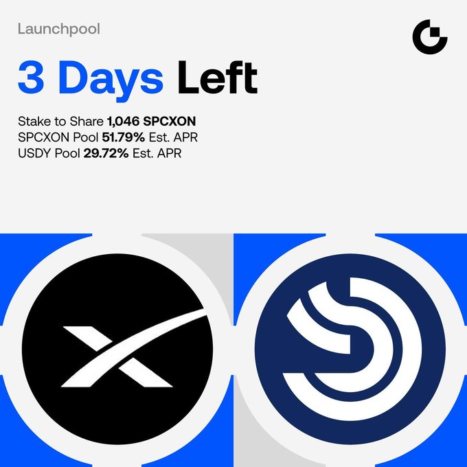 The image promotes a crypto launchpool event with "3 Days Left" to stake and share 1,046 SPCXON rewards, highlighting a SPCXON Pool offering 51.79% estimated APR and a USDY Pool at 29.72% estimated APR, alongside logos for SPCXON and USDY.