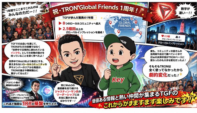 The image features a cartoon-style poster for a video game called "TRON Global Friends 1". The poster includes two cartoon characters, one wearing a black jacket and the other wearing a green hoodie. They are standing next to each other with their arms raised in the air. The background of the poster is filled with various images related to the game, such as people interacting on screens or buildings. The text on the poster reads "祝・TRON Global Friends 1周年へ拡大 七億回以上のグローバルインプレッションを達成".
