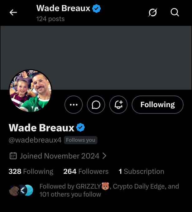 This image shows the Twitter/X profile page of Wade Breaux (@wadebreaux4), a verified user with 124 posts, 328 following, 264 followers, and 1 subscription, who joined in November 2024. The post accompanying the image highlights Wade as a dedicated XRP HODLer, encouraging followers to support him on the platform.