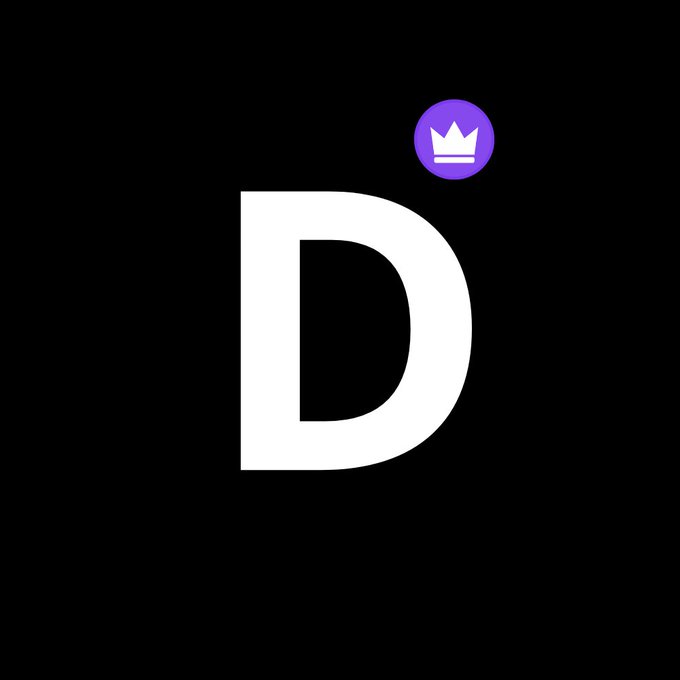 Black logo featuring a large white letter 'D' with a small purple circle containing a white crown icon in the upper right area.
