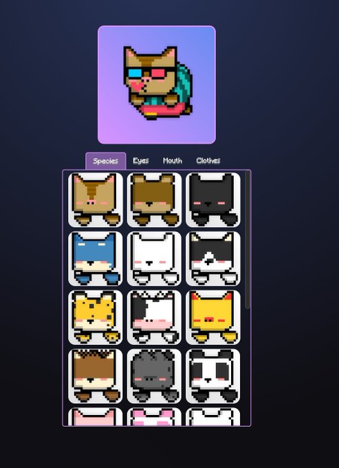 A character customization interface for a pixel-art cat game shows various species options under the 'Speeces' tab, with the current selection being a cat wearing blue 3D glasses.