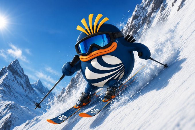 An animated Teletubby mascot skiing down a snowy mountain slope under a bright sun.