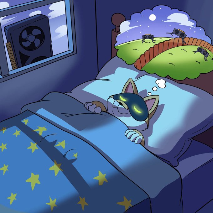 A cartoon illustration of a cat wearing a sleep mask sleeping in bed with a star-patterned blanket, dreaming of cat-shaped robots playing on a grassy hill, while a computer fan hums in the window.