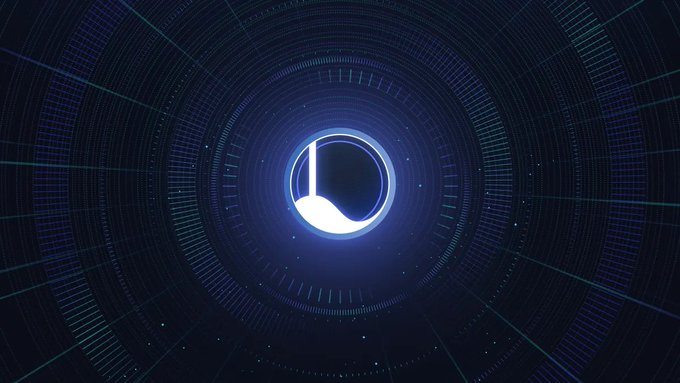 A glowing blue crescent shape is centered within a dark, futuristic circular tunnel with radiating lines.