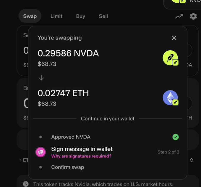 A crypto swap confirmation screen shows swapping 0.29586 NVDA ($68.73) for 0.02747 ETH, with Step 2 of 3 prompting the user to "Sign message in wallet." The image illustrates the token creation and signing process described in the post about using sniper bots that target fresh tokens from wallets with good holdings.